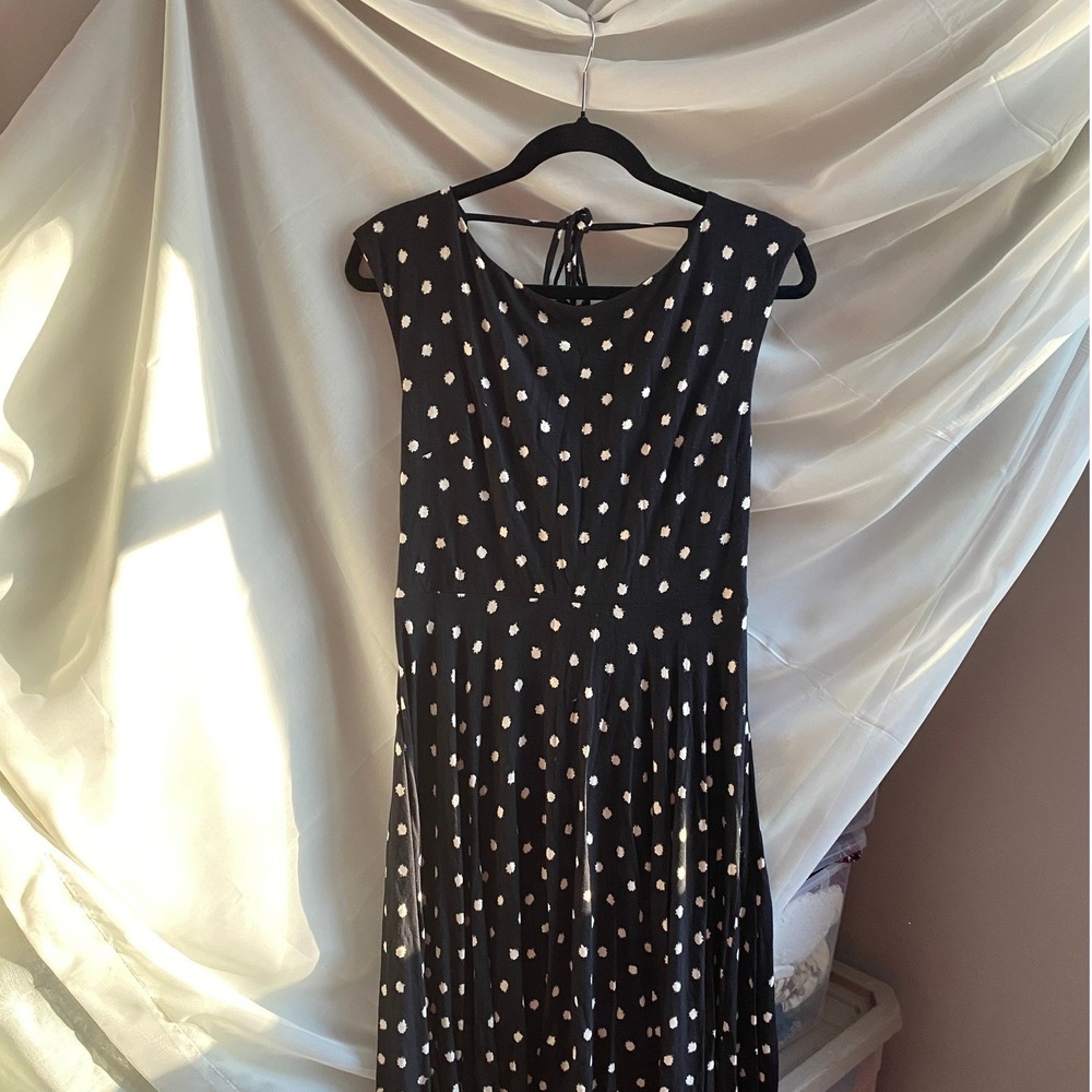 LOFT Polka Dot Fit Flare Black Midi‎ Dress Small Dainty Glam Retro Twee Feminine